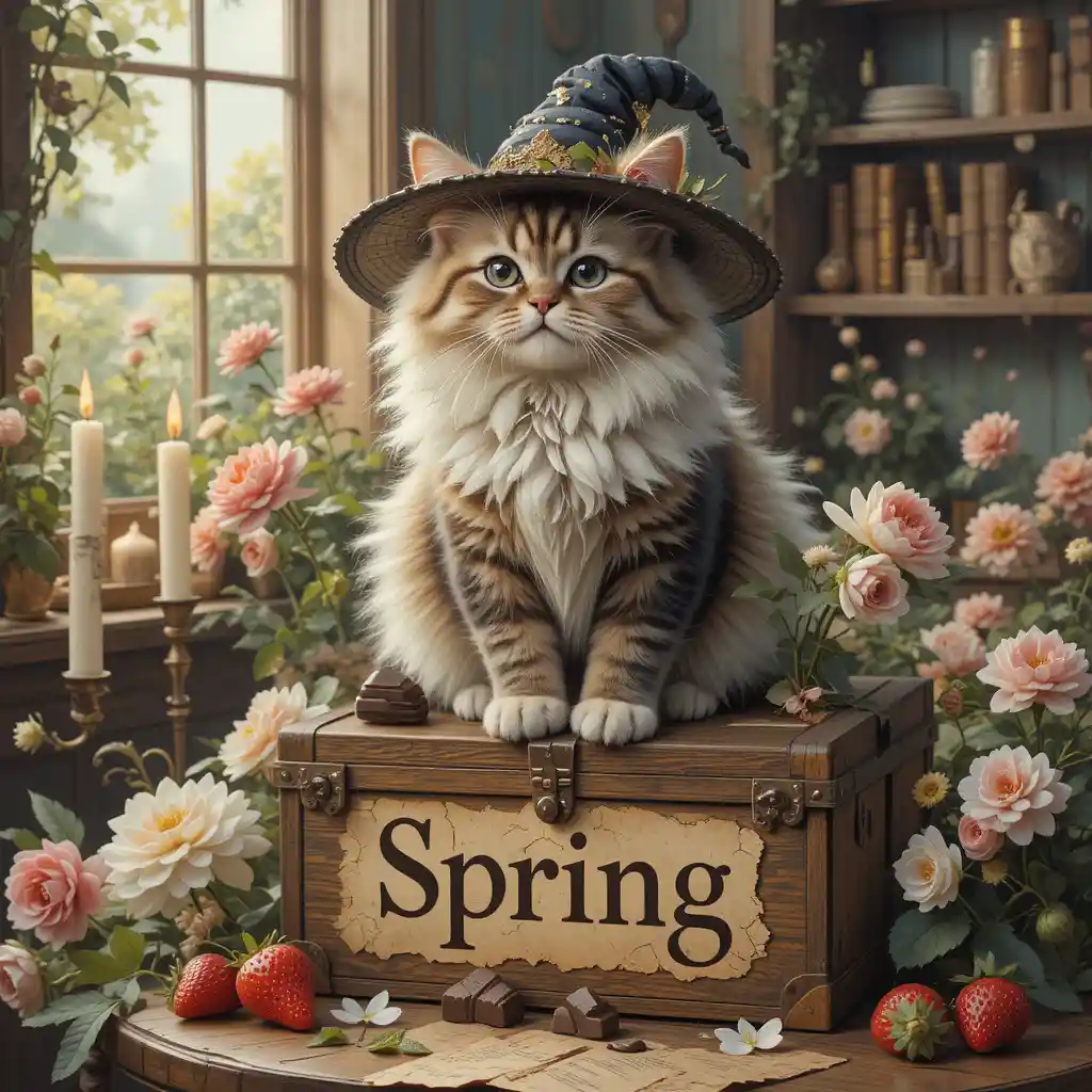 Persian cat on wooden box in a sunny spring kitchen