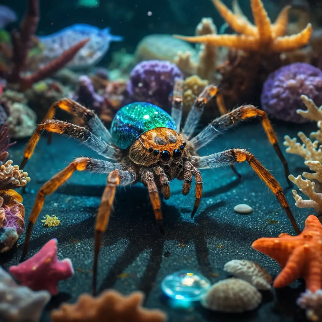 Colorful glass spider under the sea with marine life