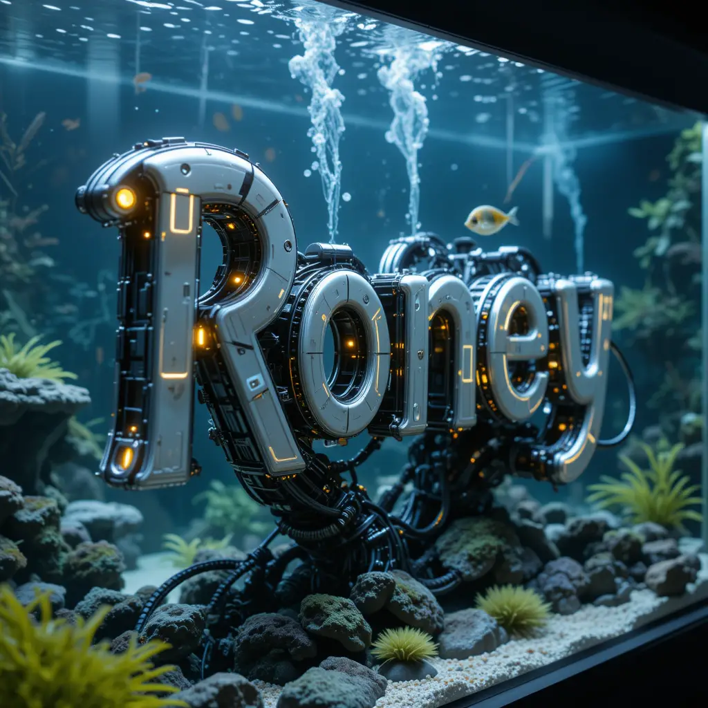 Futuristic robotic 3d text roney in an aquarium scene