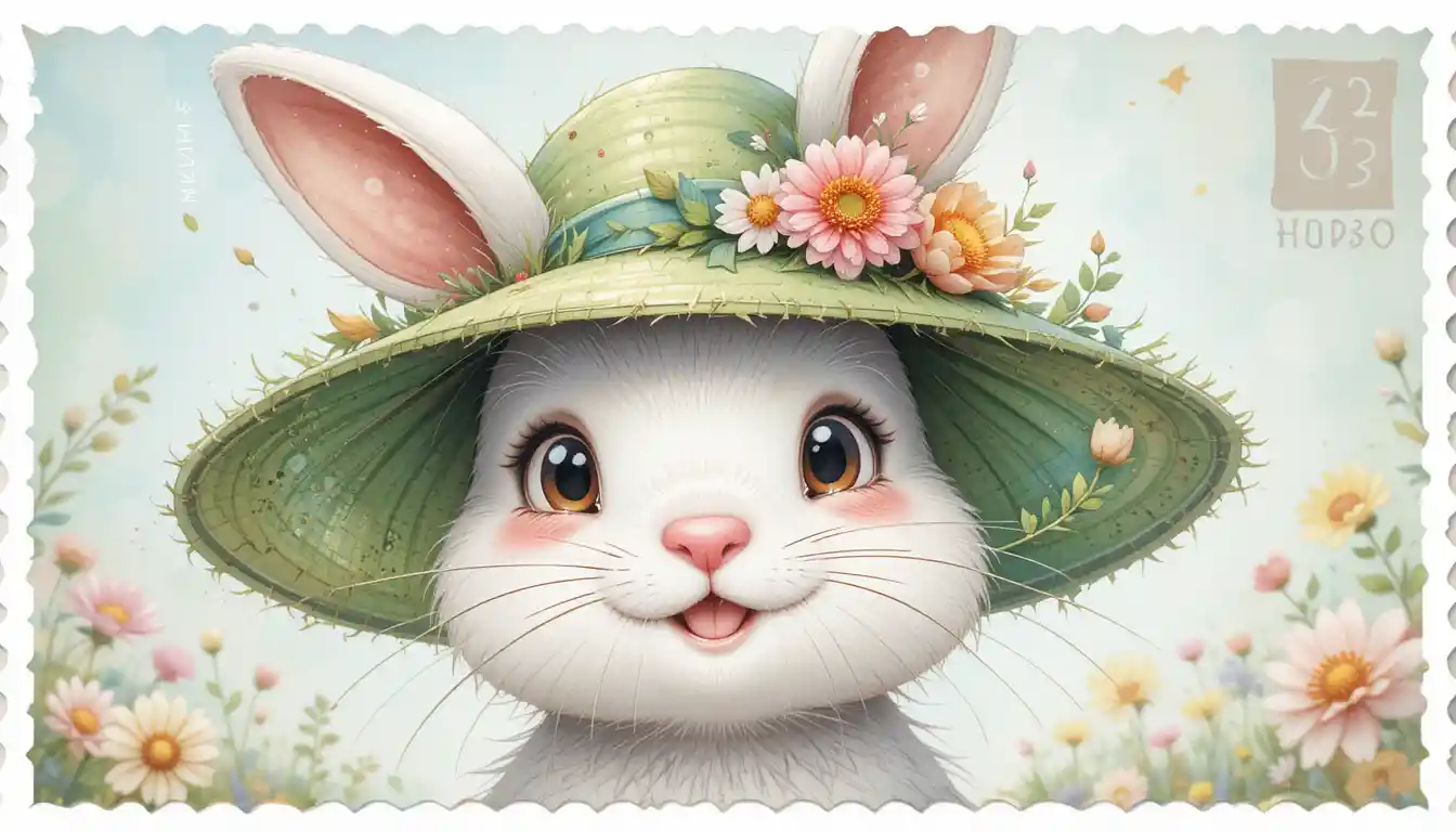Cute rabbit in spring hat with cheerful watercolor flowers