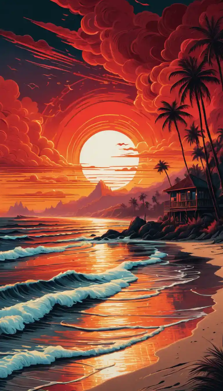 Fantasievoller Strand-Sonnenuntergang mit leuchtend karminroten Fusionsfarben