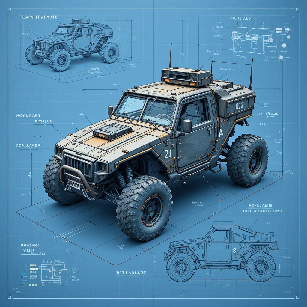 Futuristic Military Off Road Buggy Technical Blueprint Design
