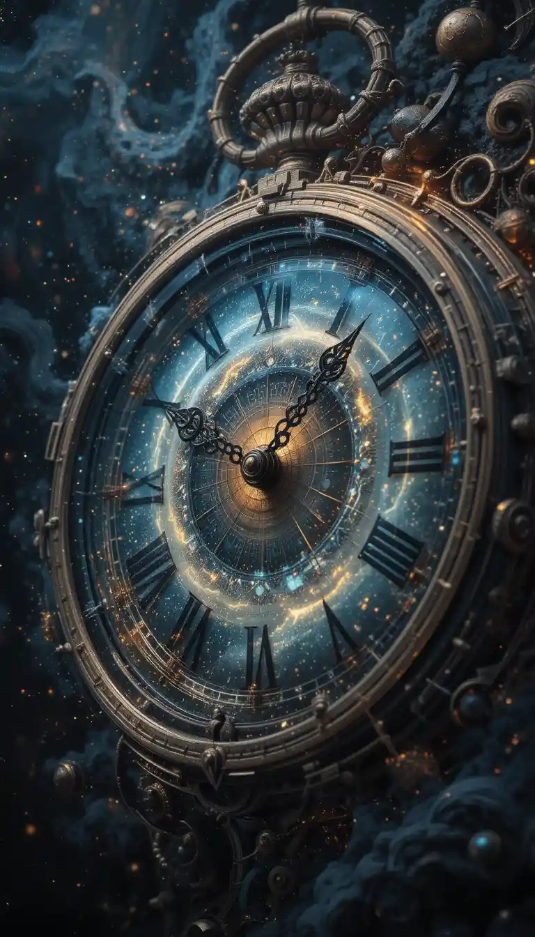 Double exposure antique clock fused with cosmic galaxies