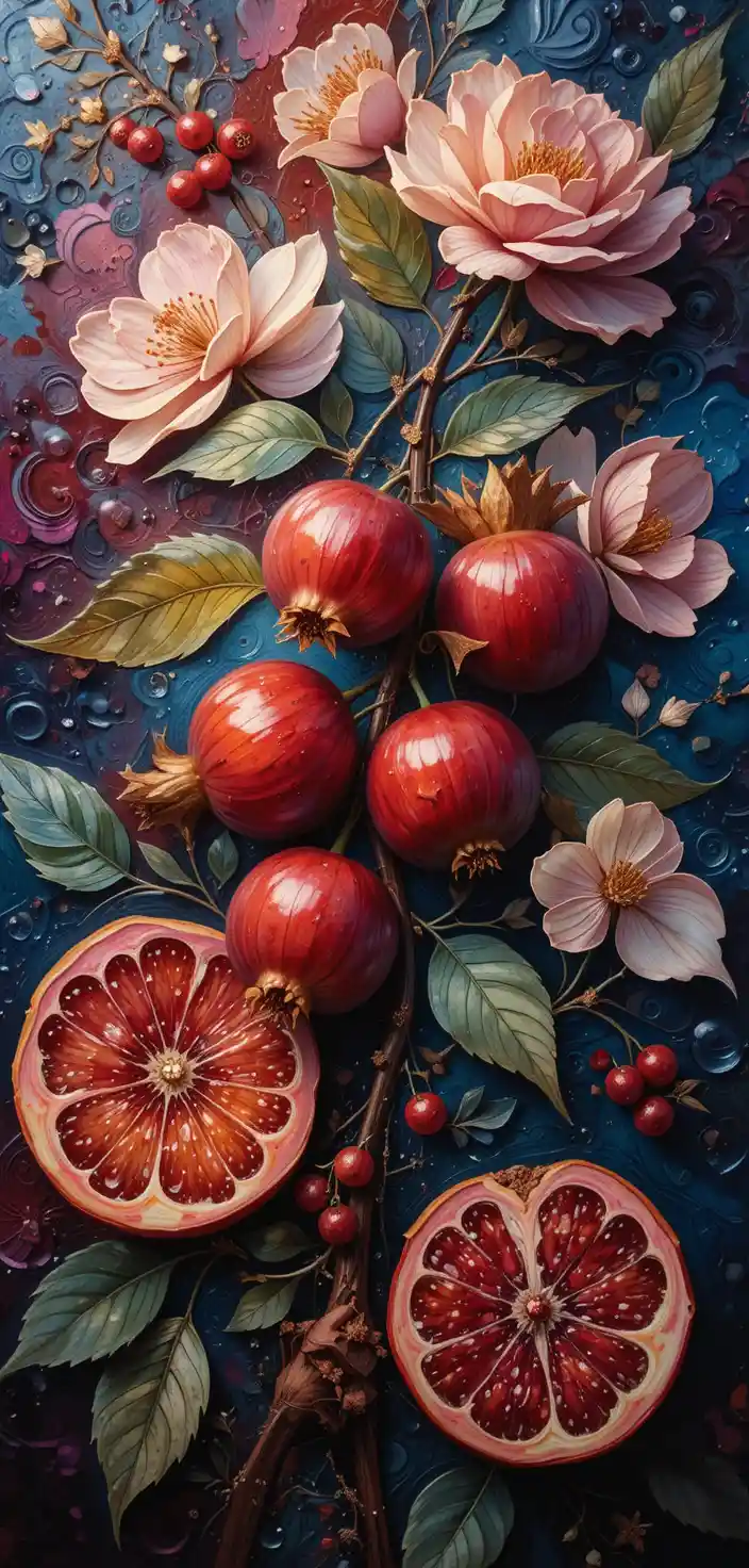 Abstract still life with cherry blossoms and pomegranate