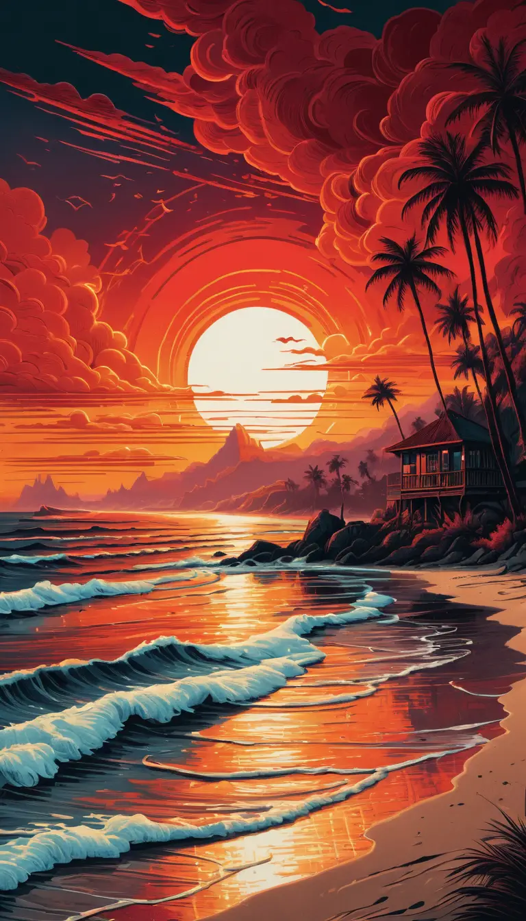 Fantasy beach sunset with vivid crimson fusion colors