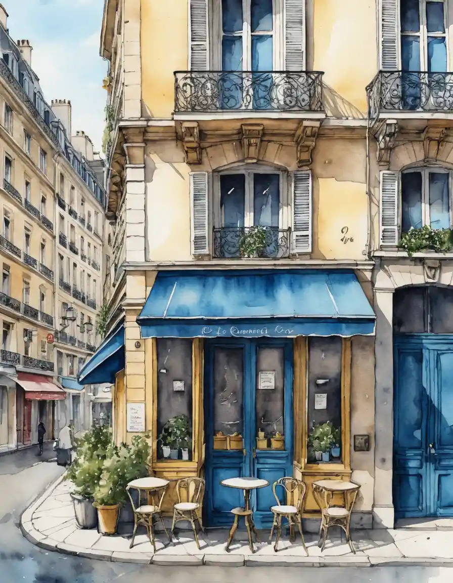 Parisian corner cafe in ink and watercolor illustration