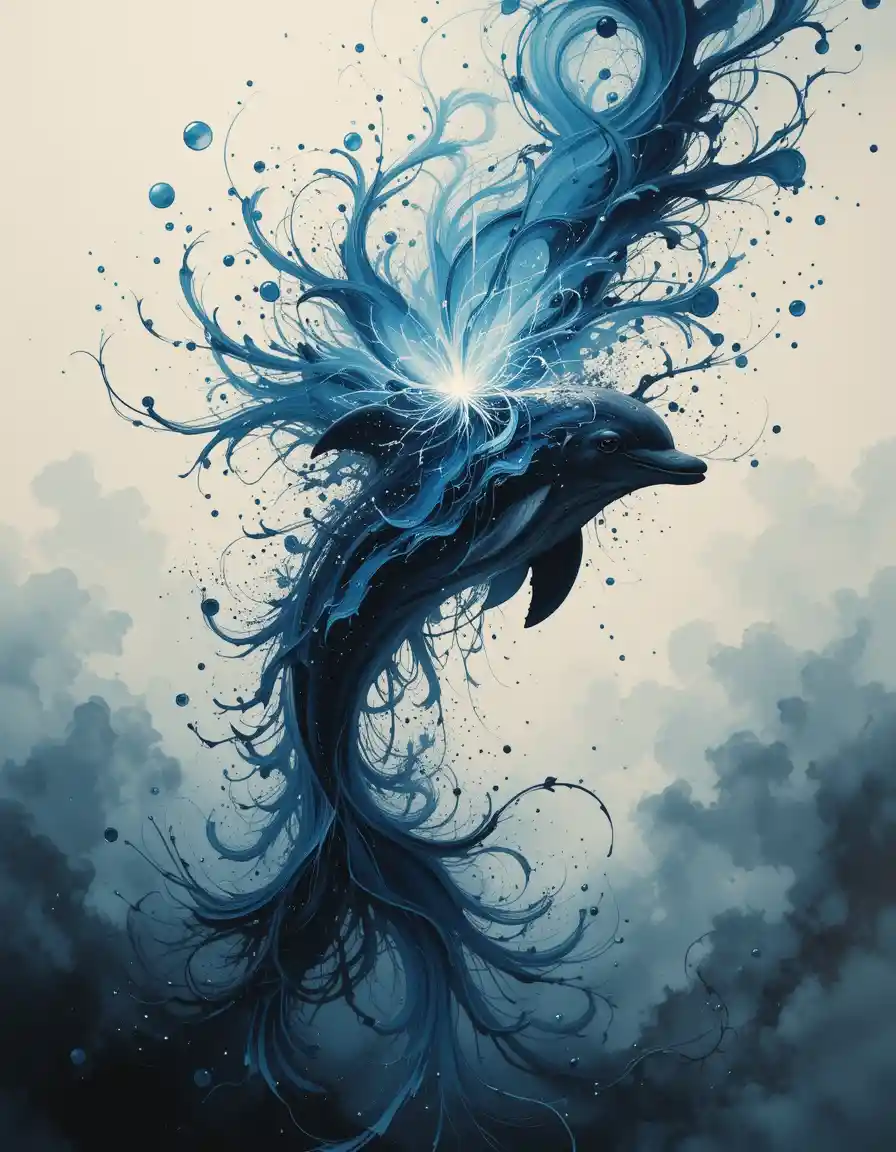 Surreal dolphin dissolving into swirling abstract colors