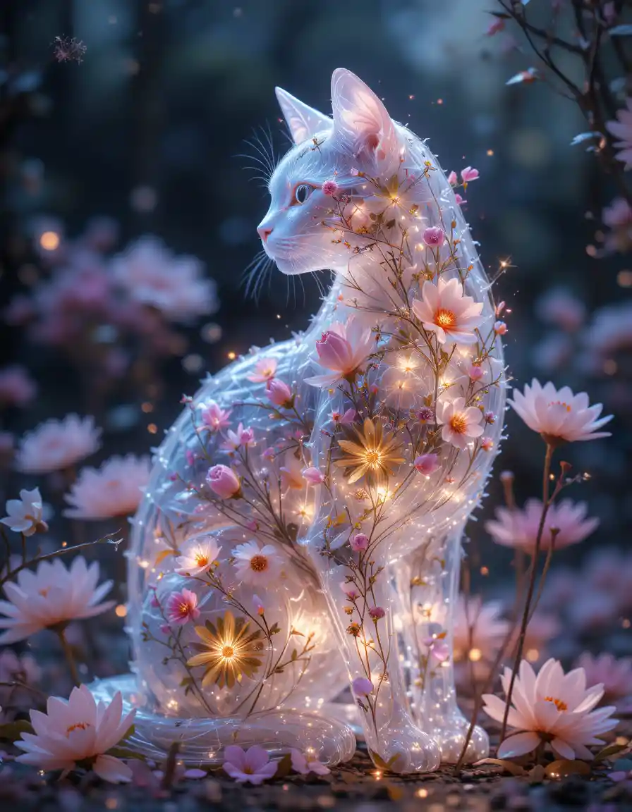 Transparent glowing cat with flowers in dreamy background