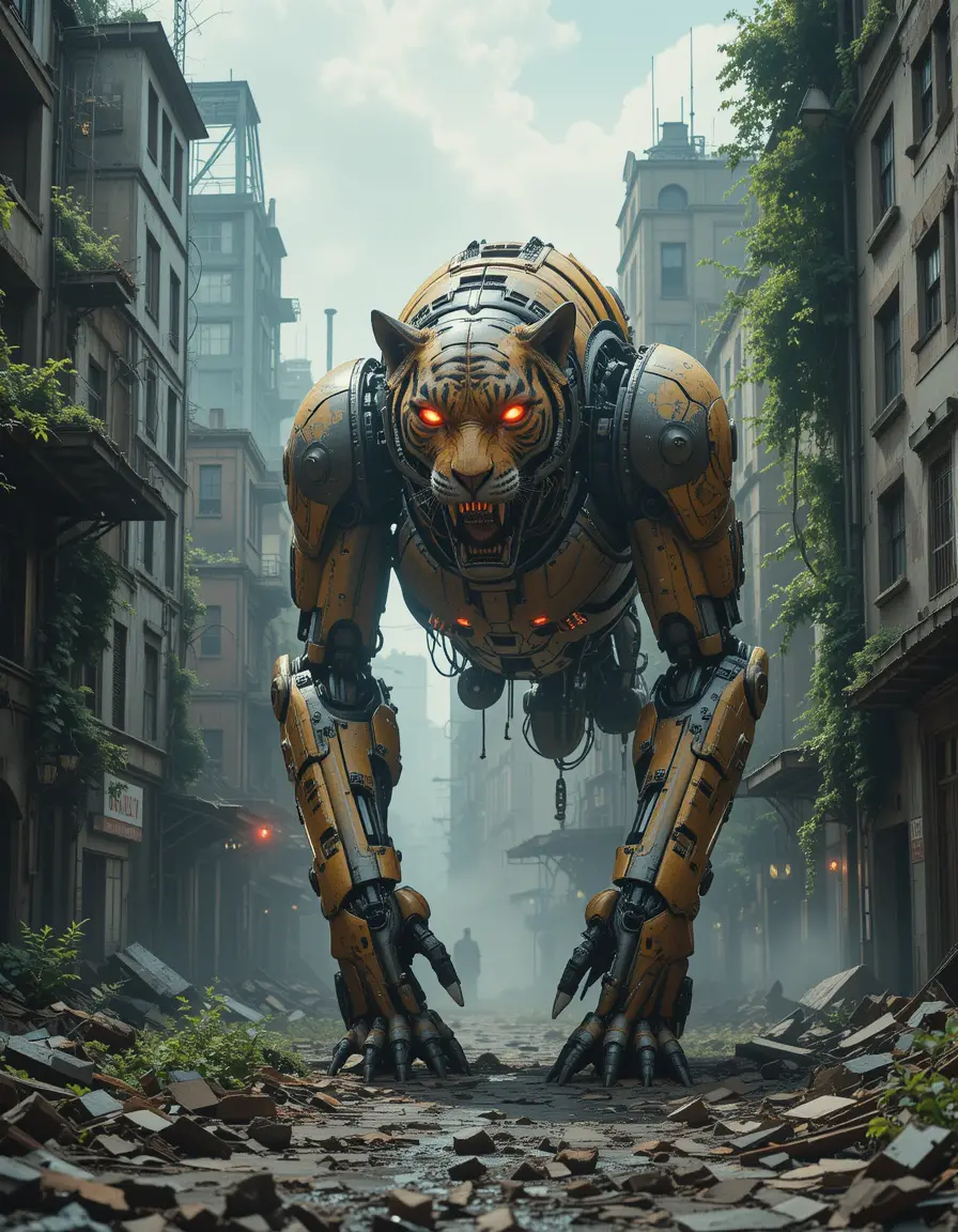 Giant robotic tiger roaming through a crumbling city street