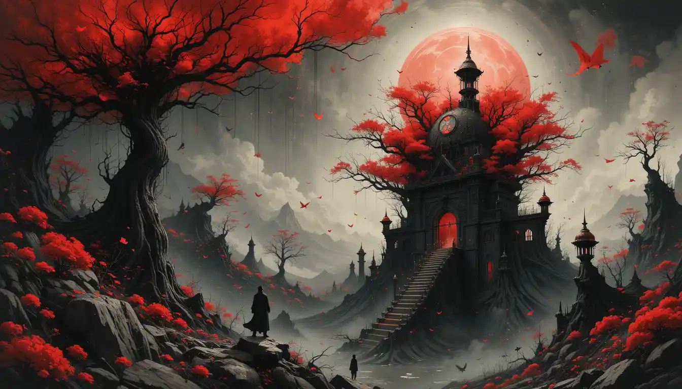 Paysage onirique surréaliste au fusain avec contrastes d’encre rouge