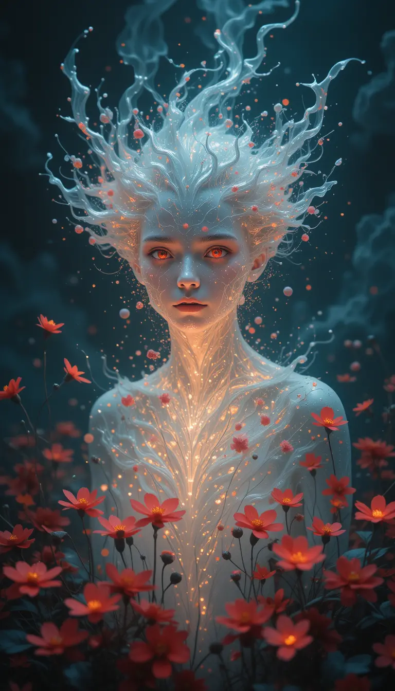 Mythical being dissolving into glowing particles and flowers