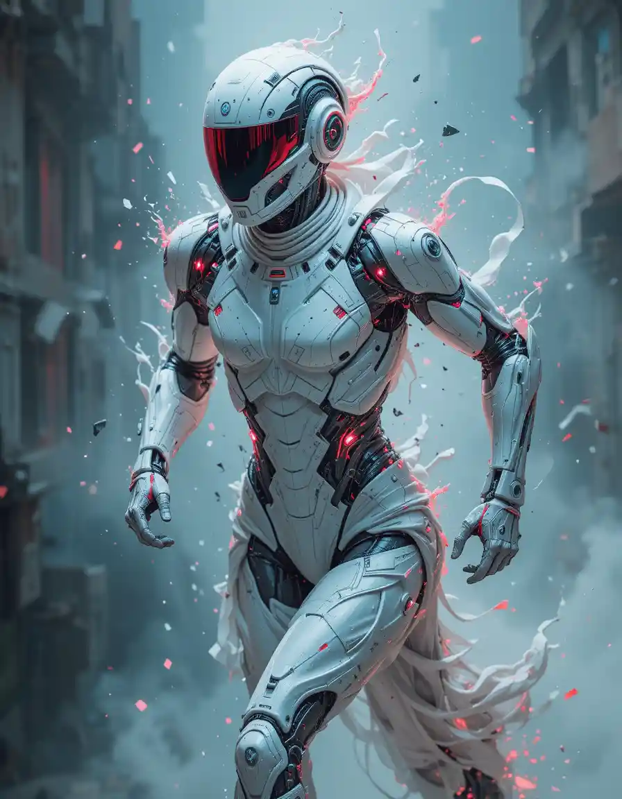 Futuristic cyborg running through surreal neon sci fi world