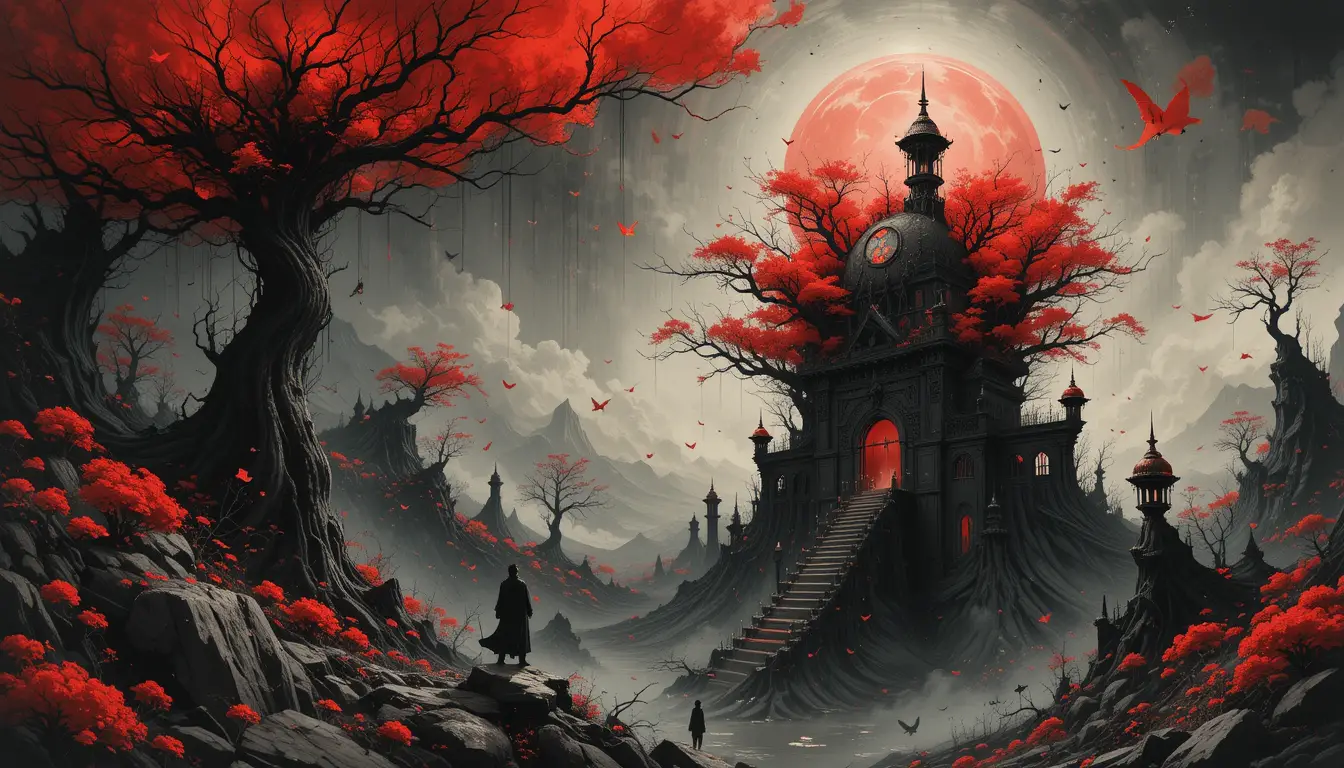 Surreal charcoal dreamscape with red ink contrasts