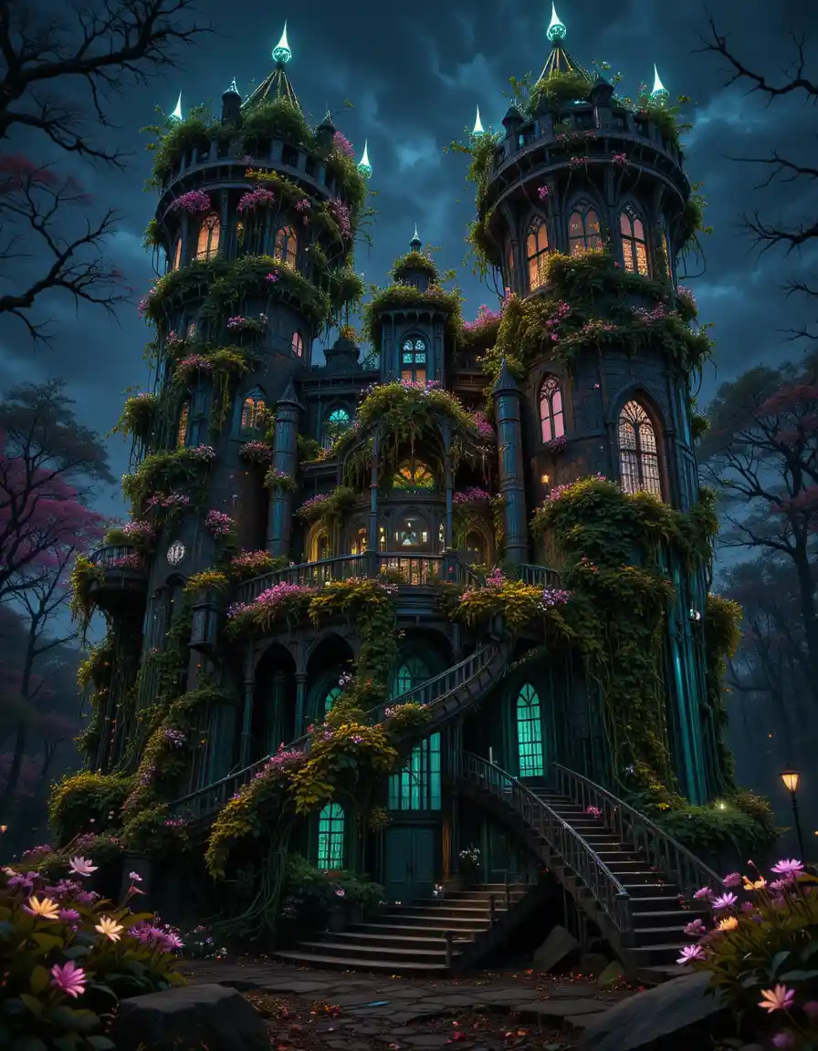 Abandoned skull shaped castle wrapped in glowing vines