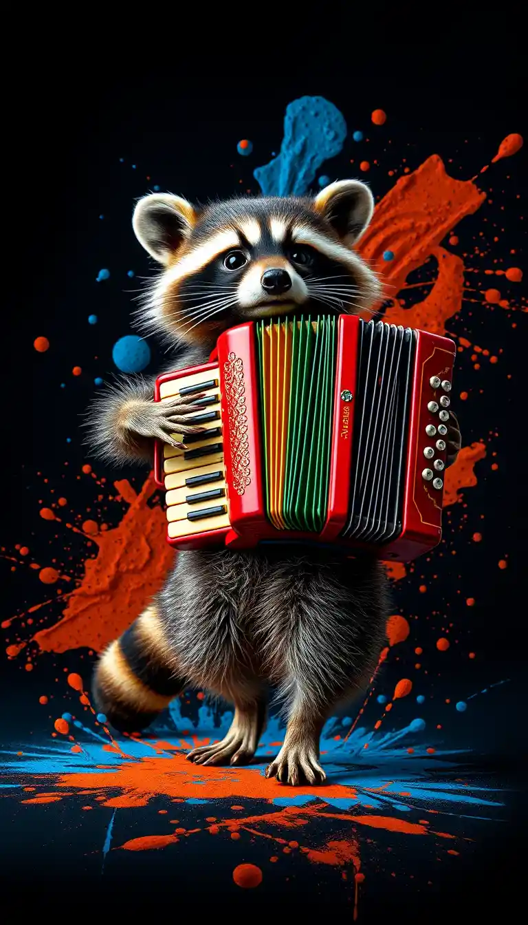 Raccoon Dancing With Colorful Accordion In Dark Background