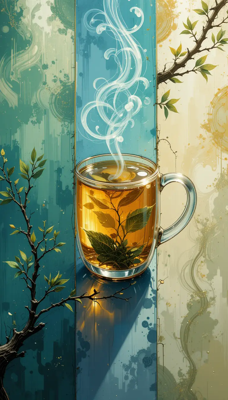 Cartoon glass cup of tea on colorful vertical panels