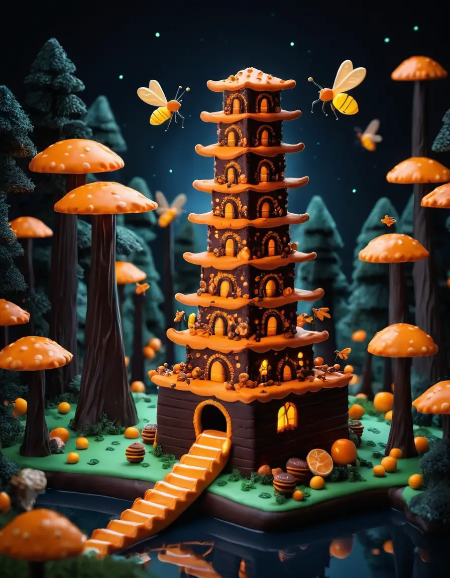 Magical night candy forest with glowing fireflies
