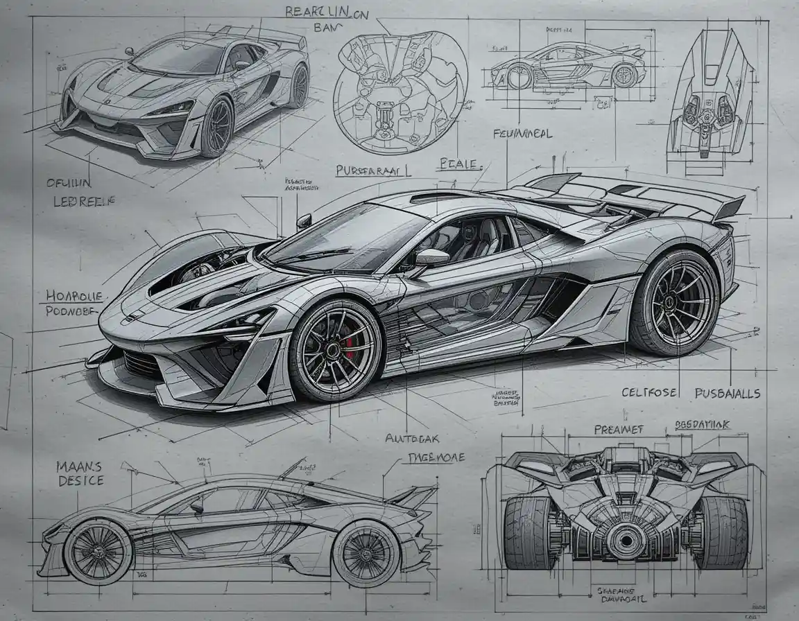 Technical sketch of futuristic hypercar with engineering details