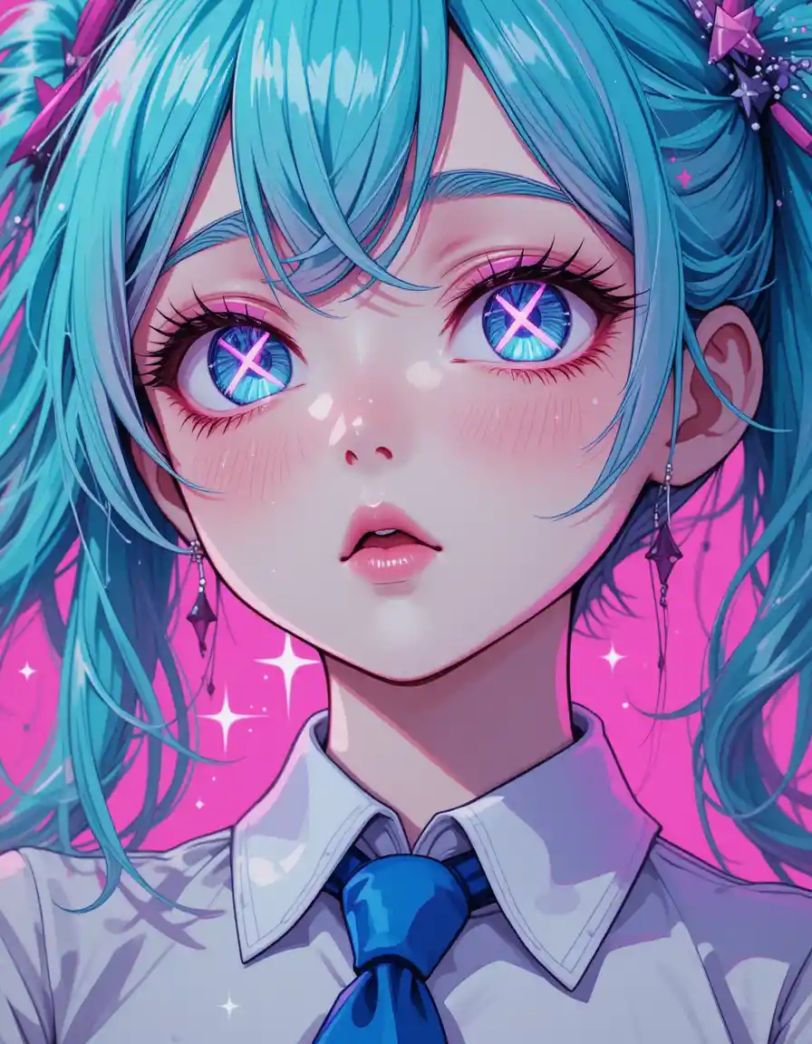Surreal anime girl close up with turquoise hair and neon eyes