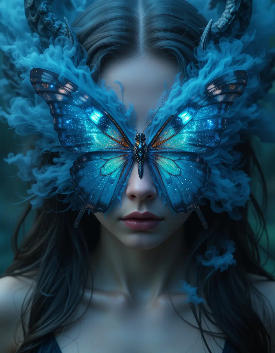 Photorealistic butterfly succubus with worlds in her eyes