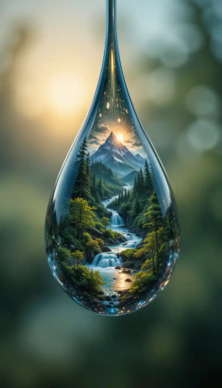 Close up water drop revealing a tiny fantasy landscape