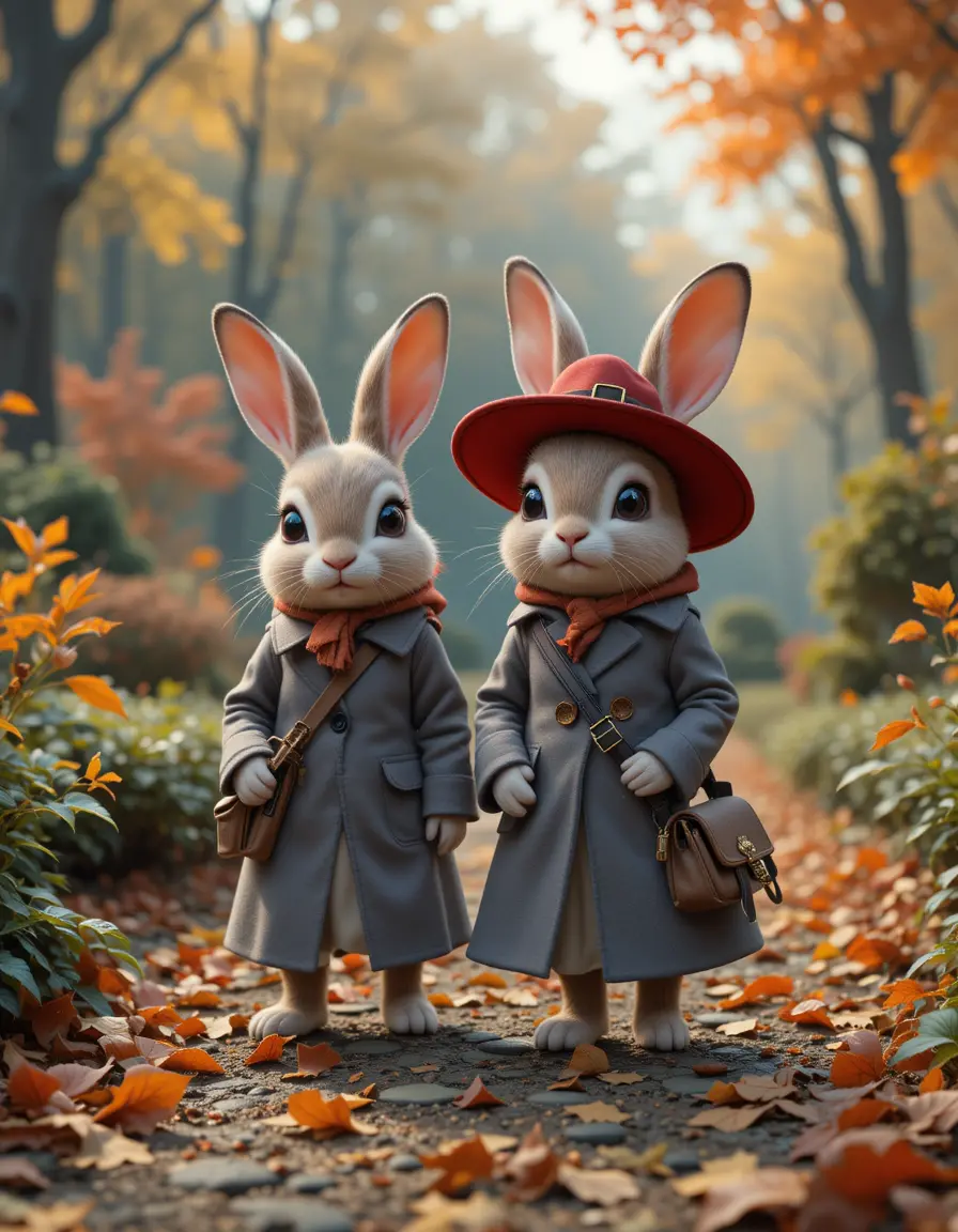 Cute rabbits in coats walking through autumn forest