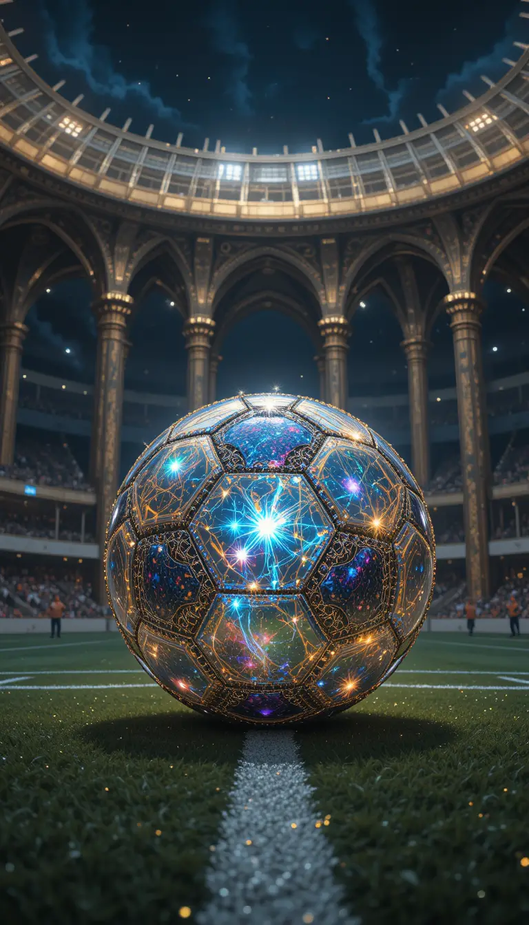 Stardust Soccer Ball On Empty Field Under Ethereal Light
