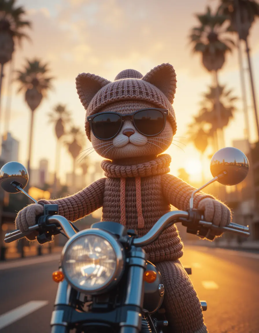 Crochet cat on motorcycle in hollywood at sundown