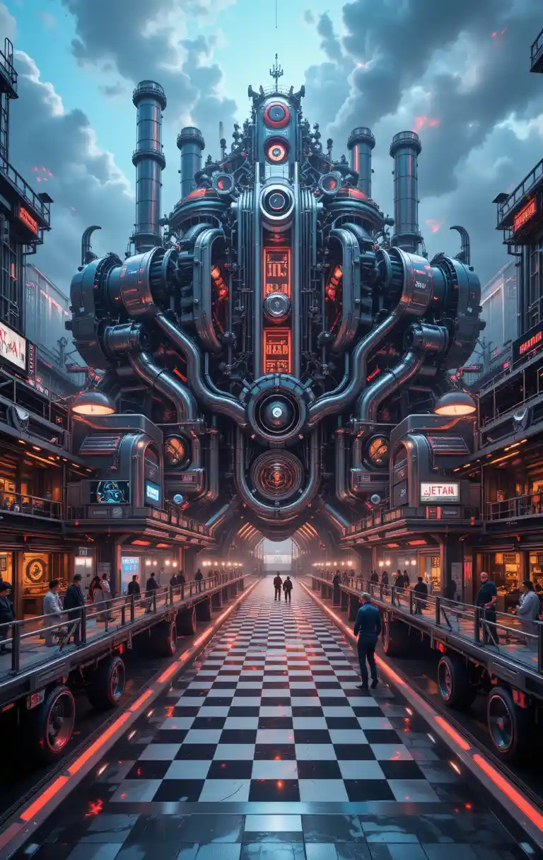Futuristic Racing Factory Engine Tower In Neon Cityscape
