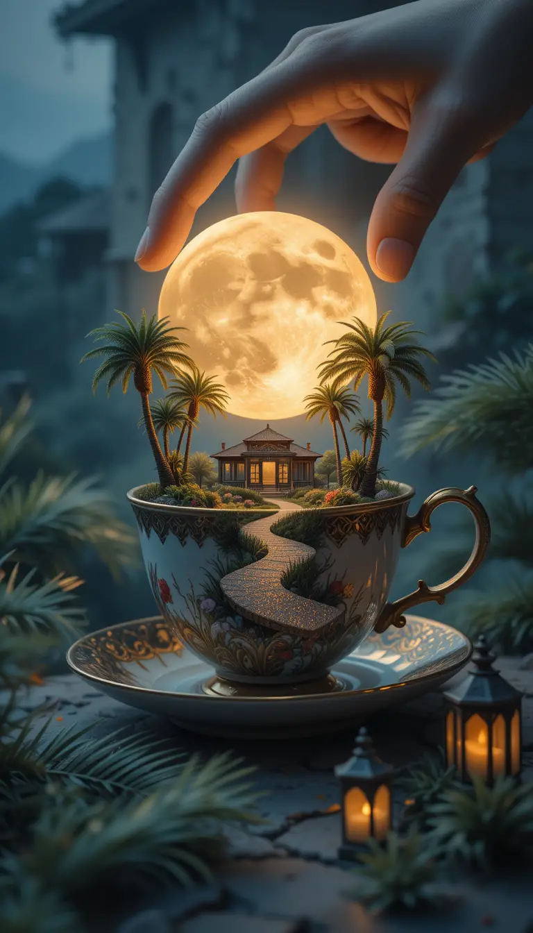 Miniature summer landscape glowing inside a teacup