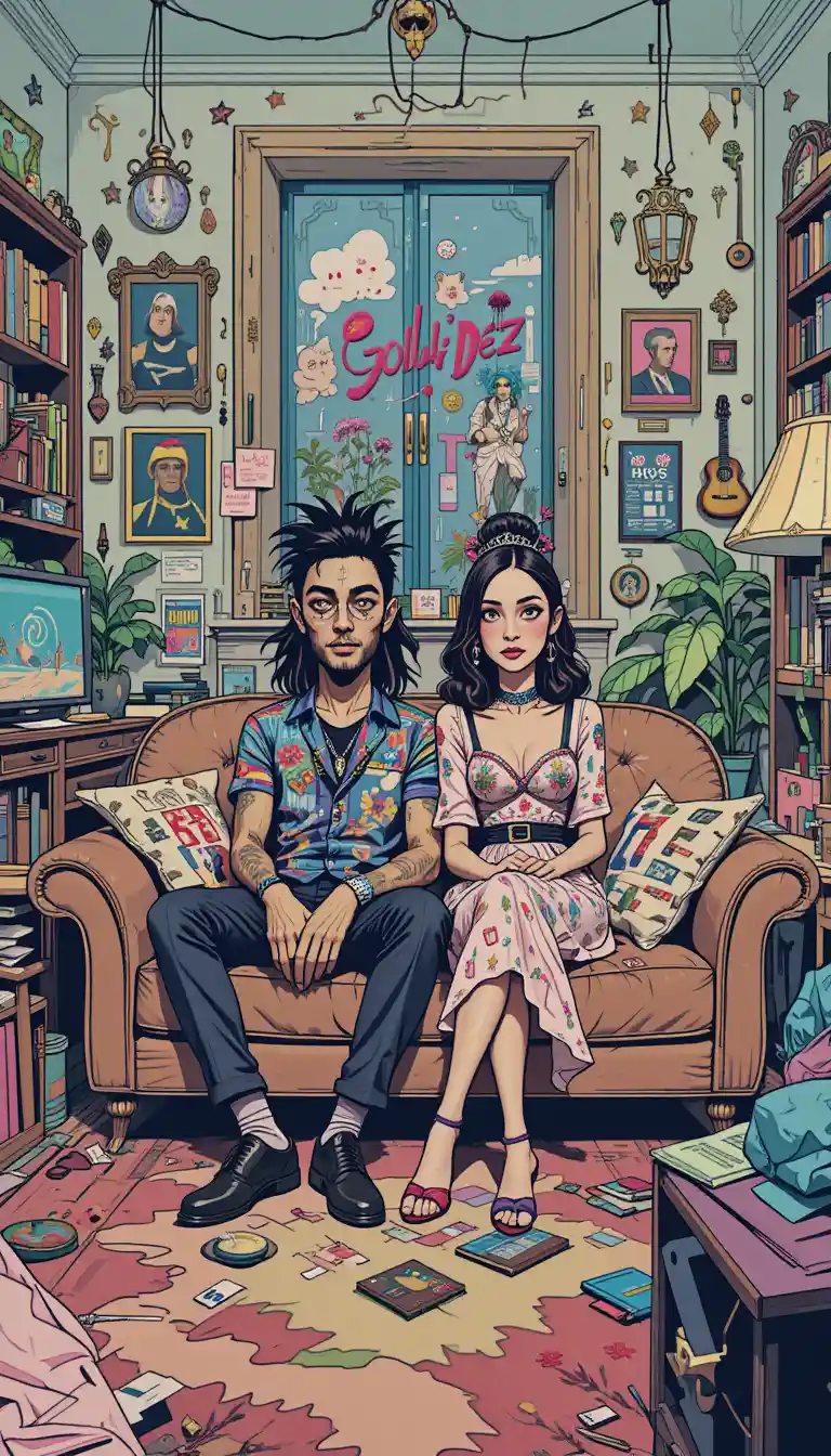 Surreal band members relaxing on a sofa in a tiny living room