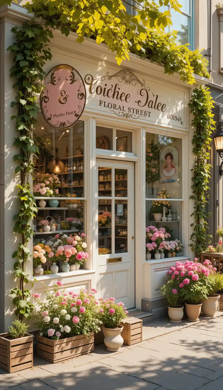 Elegant pastel flower shop on a sunlit city street