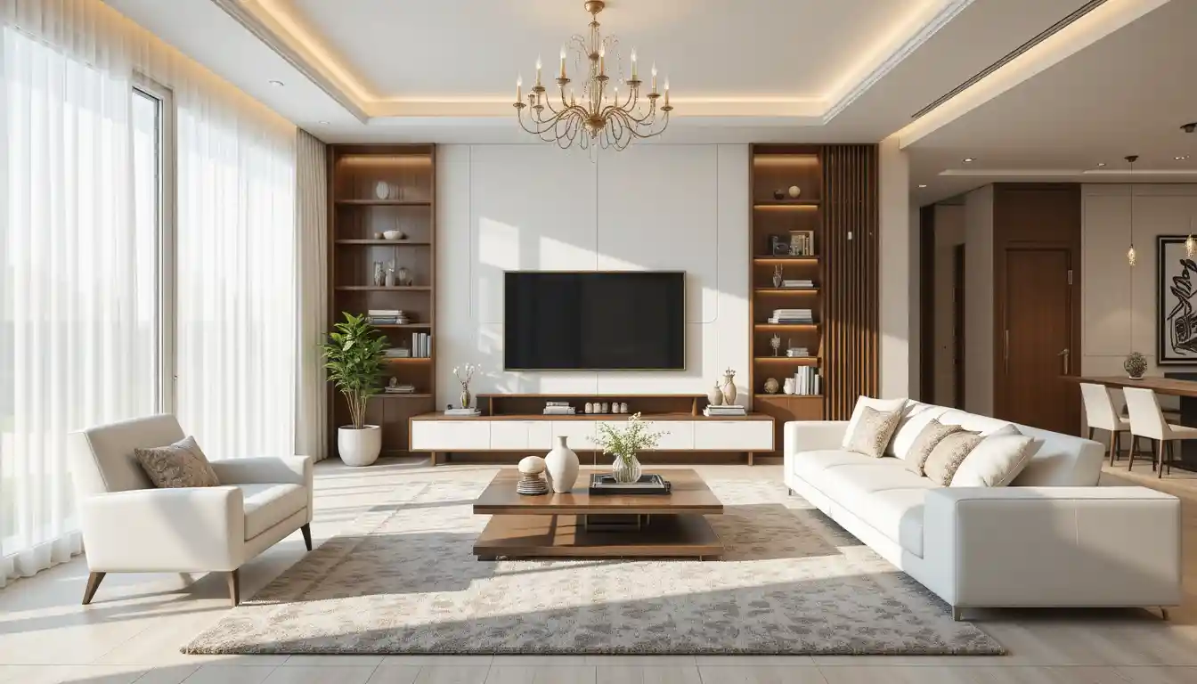 Luxurious modern living room with large tv and sofa set