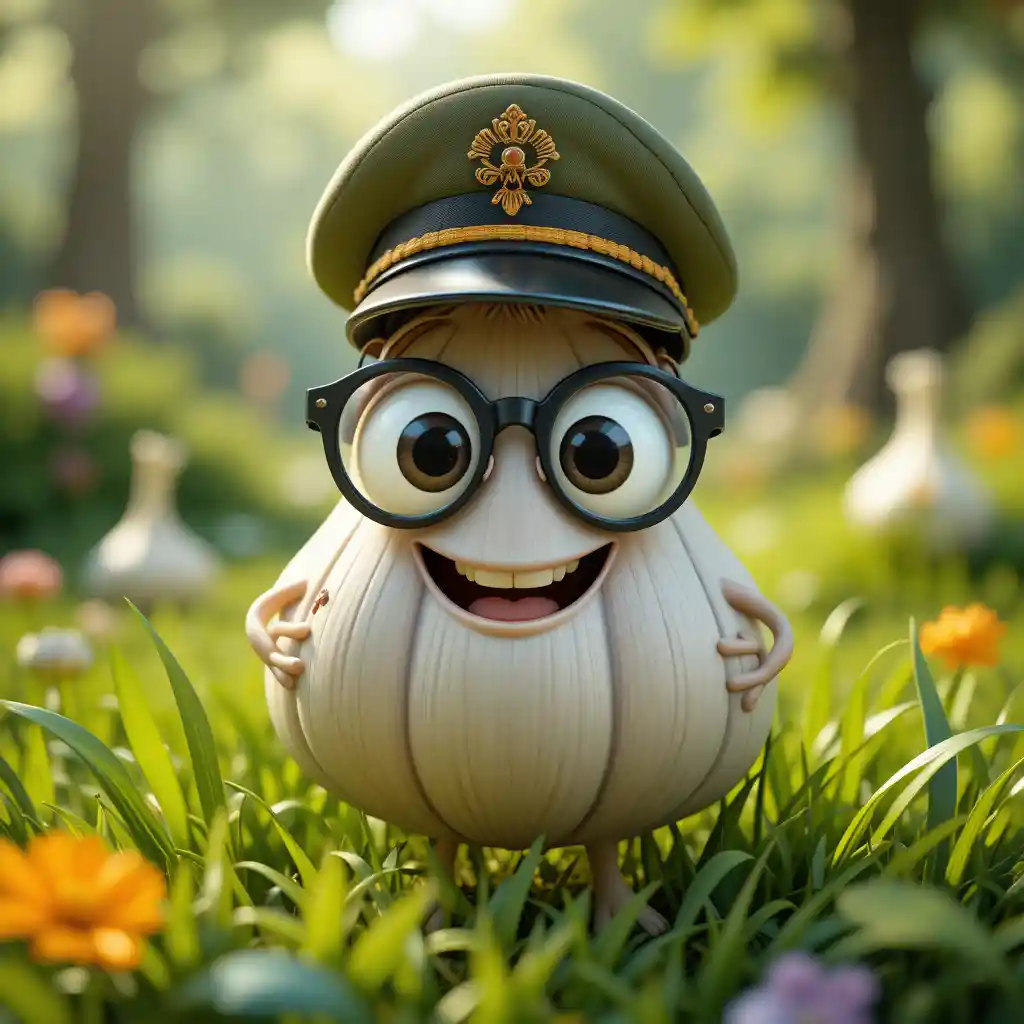 Cheerful 3D Garlic Character In Sunny Forest Grass