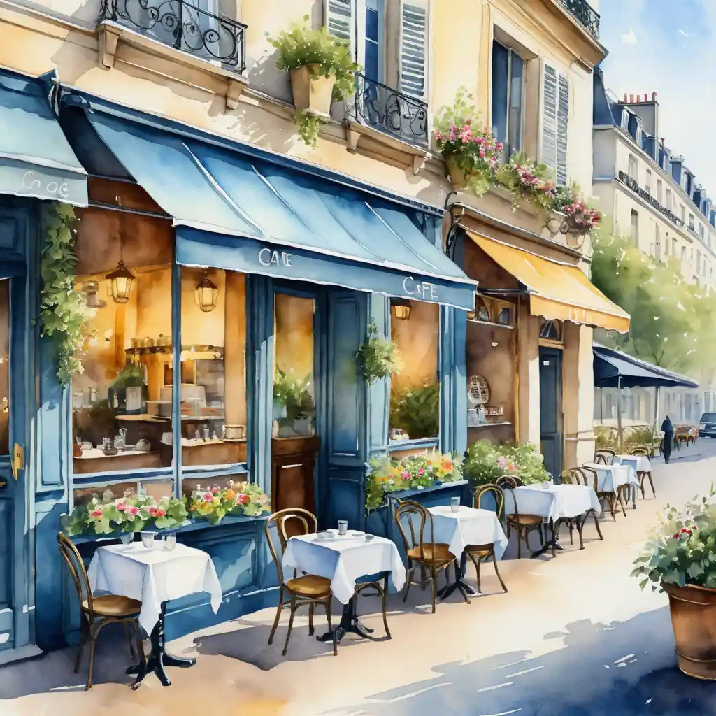 Watercolor Parisian cafe corner on a quiet empty street