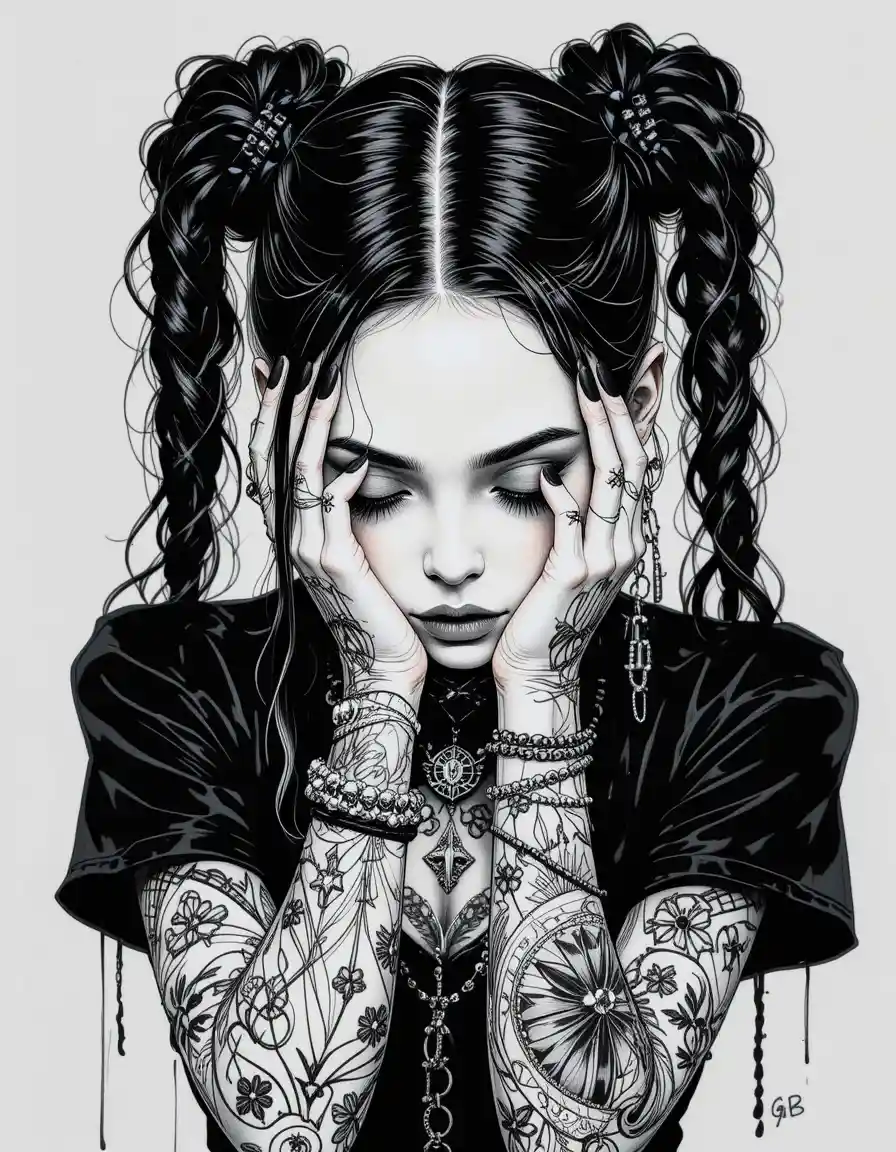 Ritratto di donna gotica con tatuaggi e capelli intrecciati