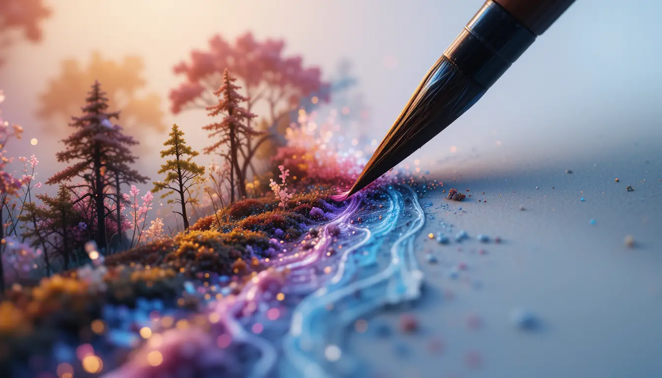 Primo piano di un pennello che crea una foresta fantasy luminosa