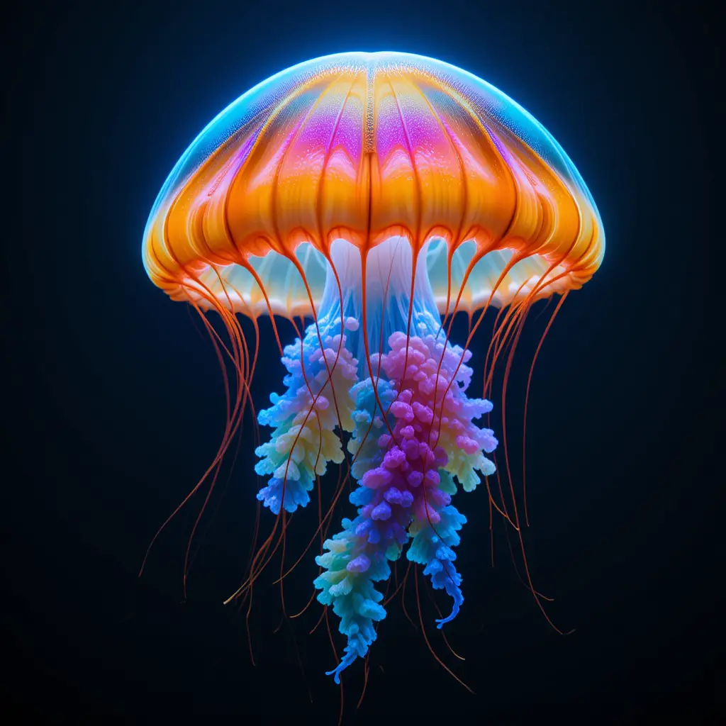 Colorful jellyfish glowing in dark underwater scene