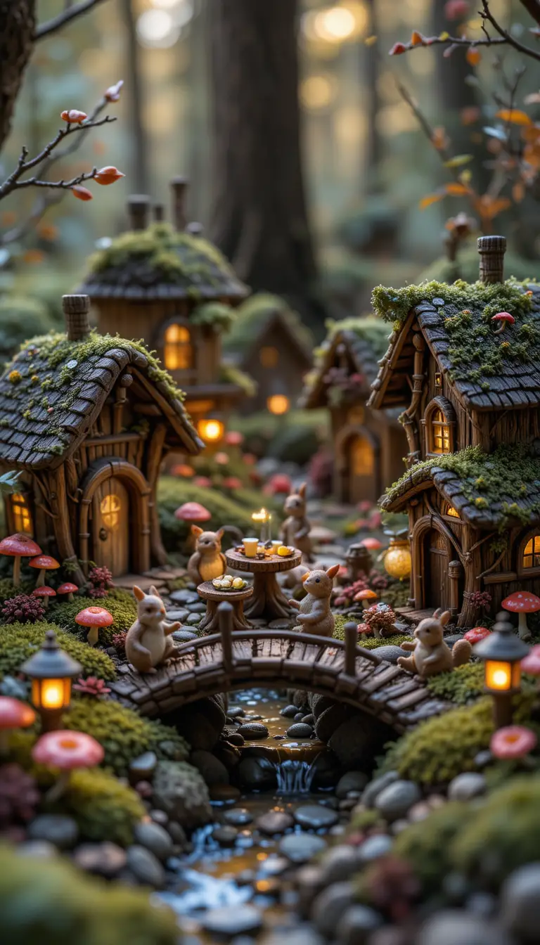 Miniature forest village with tiny animals and lanterns