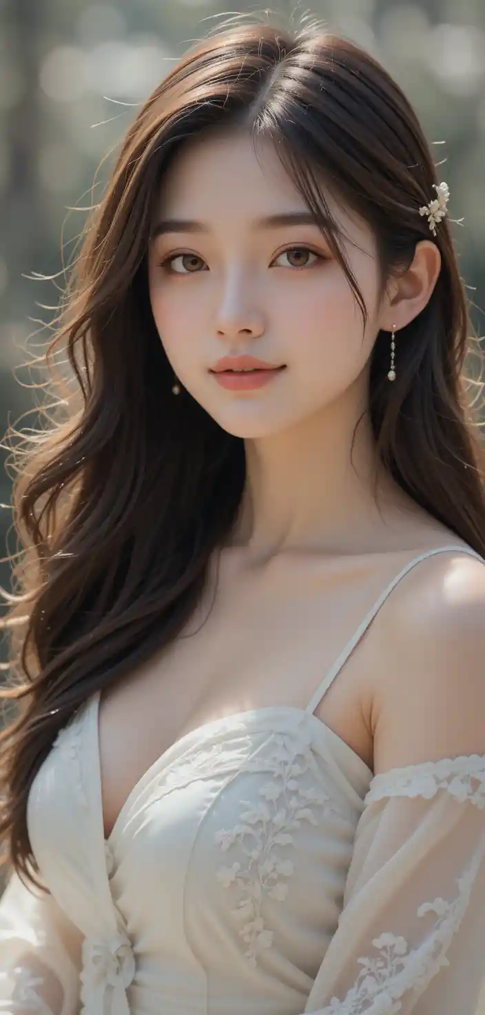 Smiling young Korean girl portrait with long hair