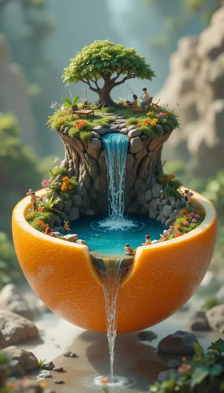 Floating orange world with tranquil pool and waterfall