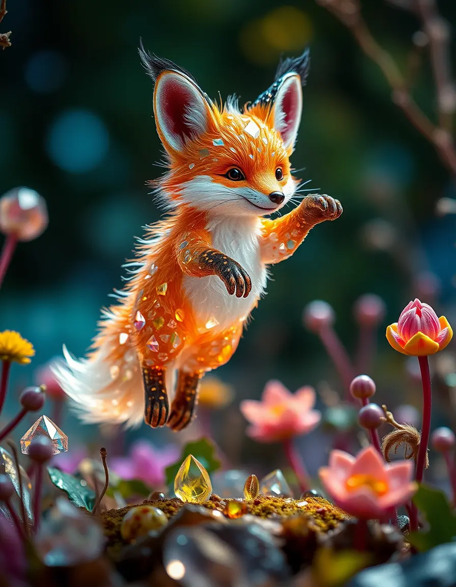 Crystal fox leaping through a mystical fantasy forest