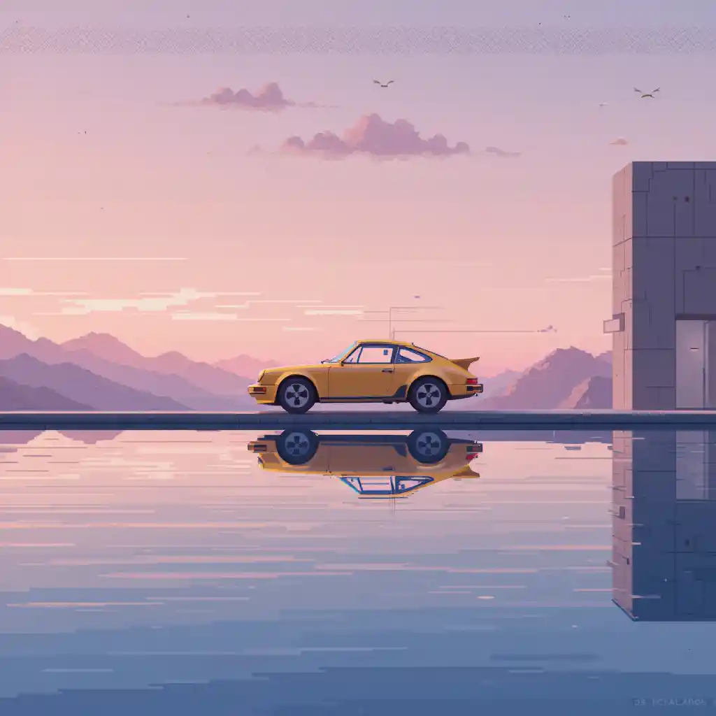 Voiture de sport en pixel art près d’une piscine à débordement au coucher du soleil