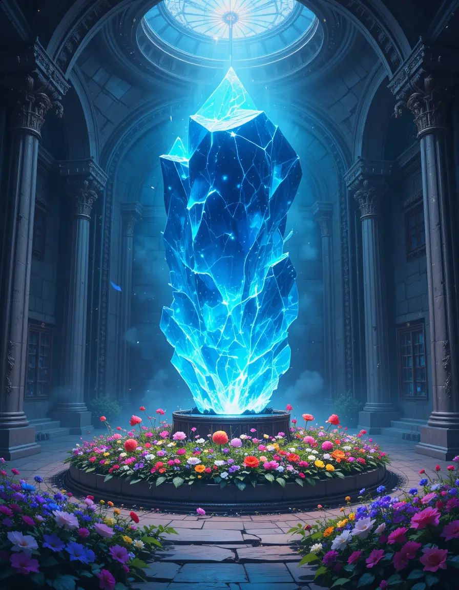 Glowing Crystal In An Ancient Stone Room With Flowers