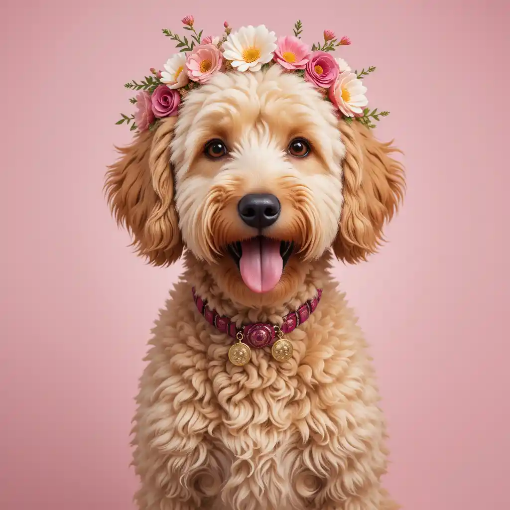 Golden dog with flower crown inspired by mixed breeds