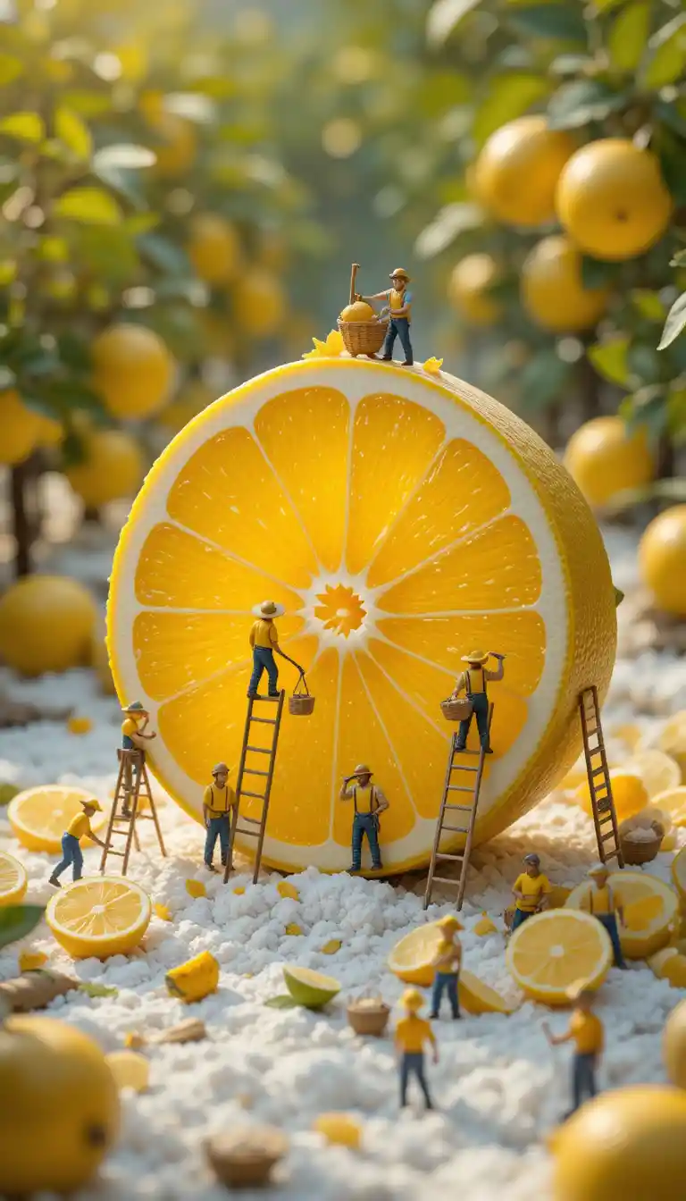 Tiny workers harvesting a giant glowing lemon slice
