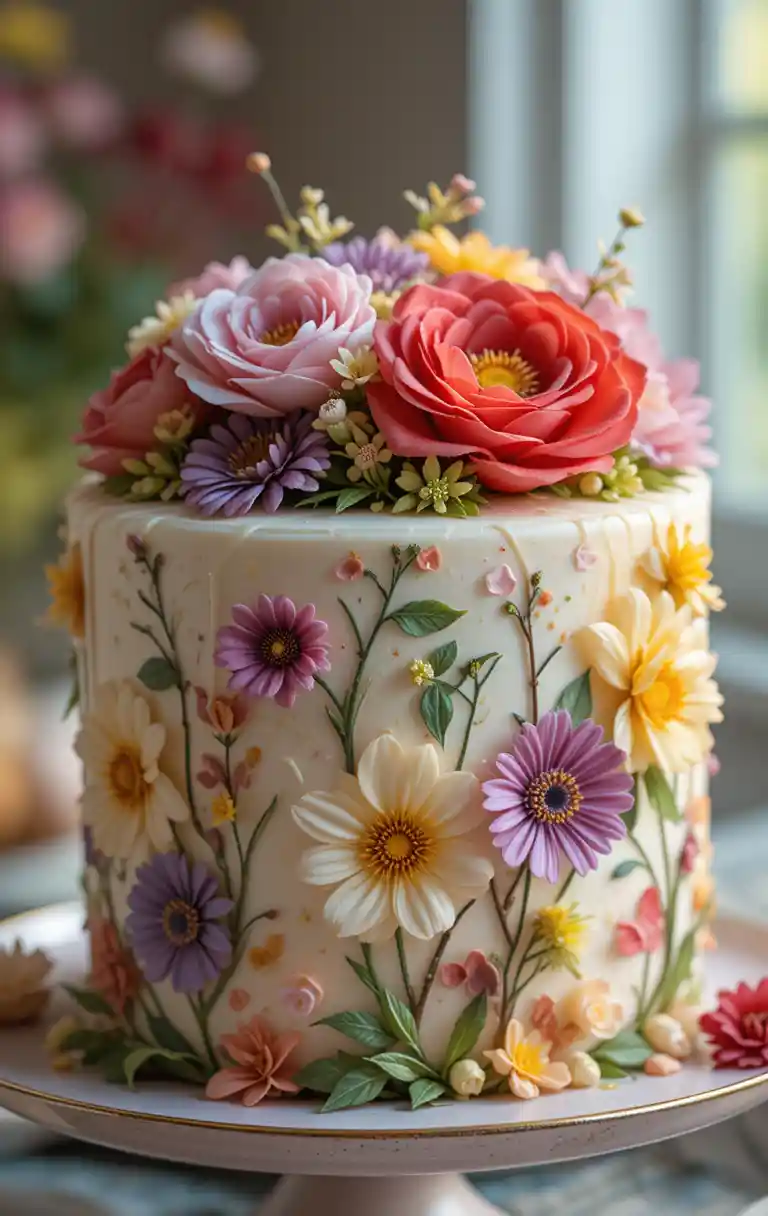 Colorful flower cake in natural light food photography