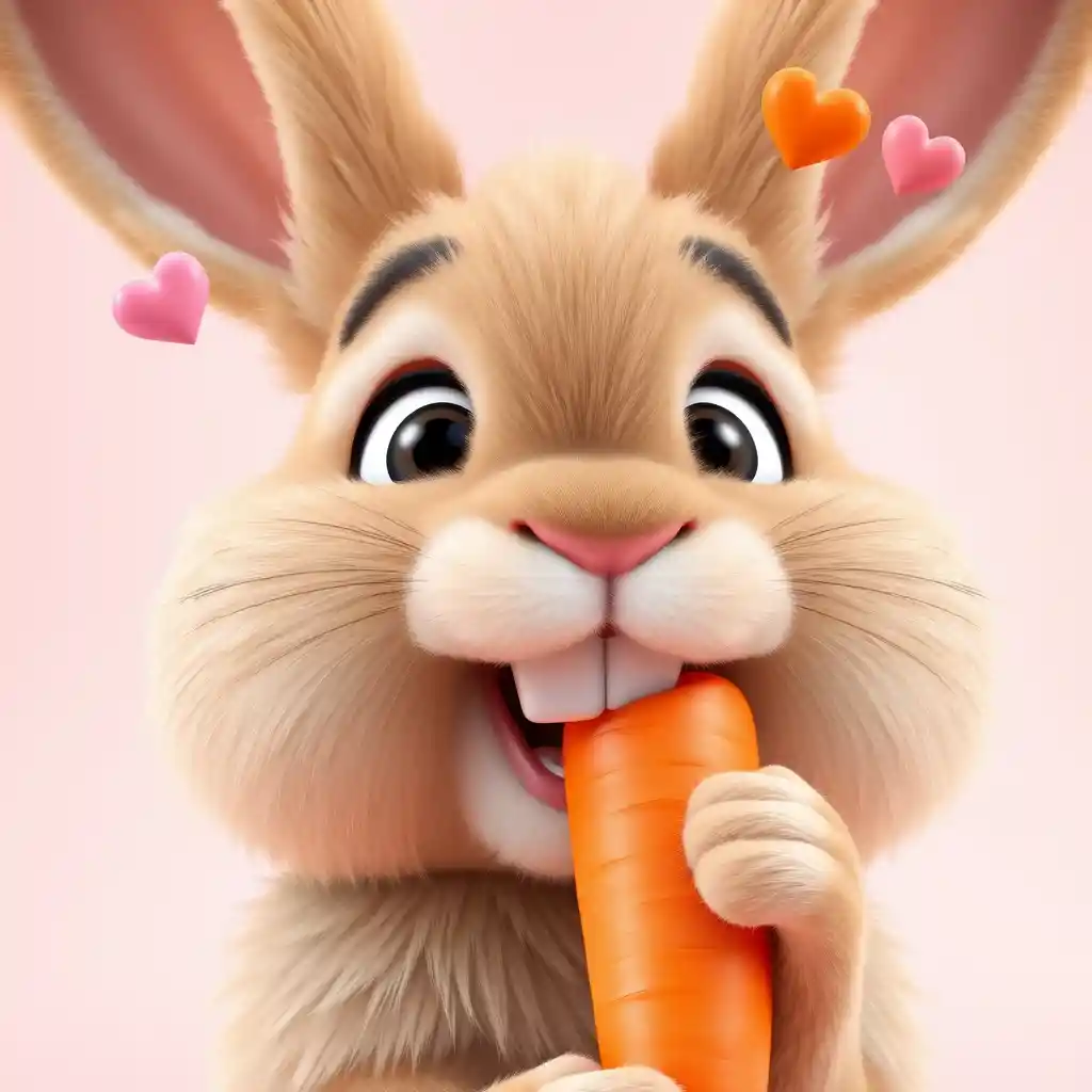 Niedlicher 3D-Hase, der an einer leuchtend orangefarbenen Karotte knabbert