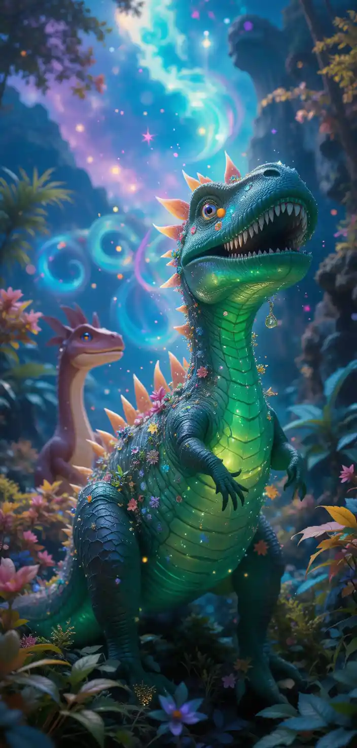Verspielte 3D-Dinosaurier in einer traumhaft leuchtenden Fantasieszene
