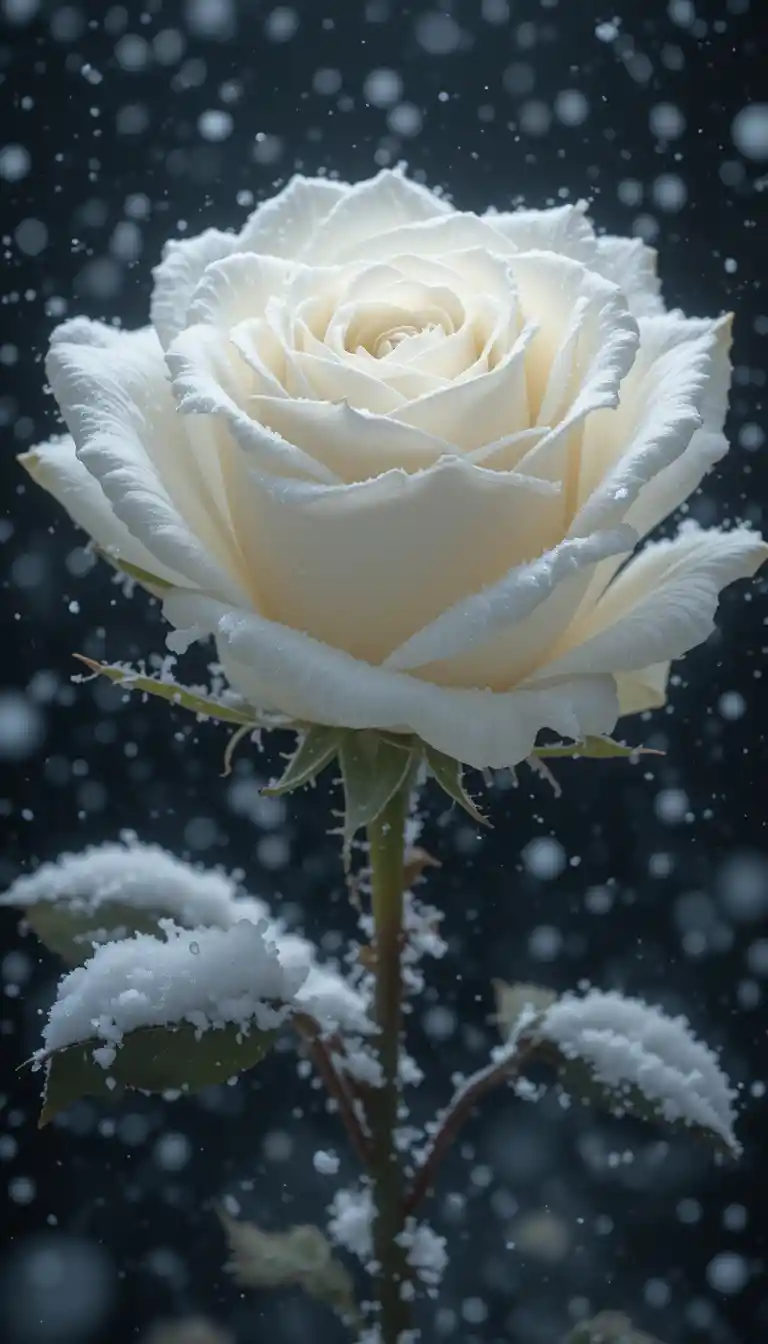 Close up white rose on snow against black background